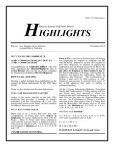 ISSN 1712–4506 (Online)  HIGHLIGHTS Ontario Labour Relations Board  Editors: Voy Stelmaszynski, Solicitor