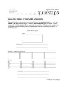 ACADEMIC ESSAY STRUCTURES & FORMATS Standard American argumentative essays begin with an introduction that gives a main point (thesis). The thesis is supported by a series of body paragraphs with sub-points, and the essa