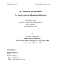 Marilyn Jager Adams  The Challenge of Advanced Texts The Challenge of Advanced Texts: The Interdependence of Reading and Learning