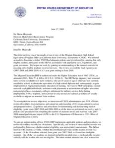 UNITED STATES DEPARTMENT OF EDUCATION OFFICE OF INSPECTOR GENERAL Audit Services Sacramento Region  Control No. ED-OIG/A09J0002