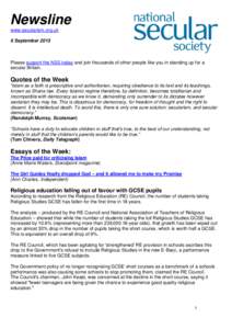 Newsline www.secularism.org.uk 6 September 2013 Please support the NSS today and join thousands of other people like you in standing up for a secular Britain.