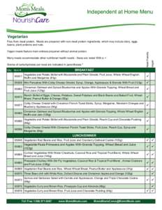 Independent at Home Menu  Vegetarian Many meals accommodate other nutritional health needs - these are noted With a . Grams of carbohydrates per meal are indicated in parentheses.*