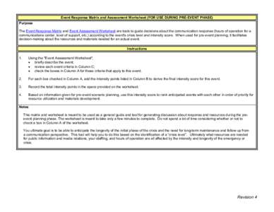 CERC - Events Response Matrix and Assessment Worksheet (FOR USE DURING PRE-EVENT PHASE)