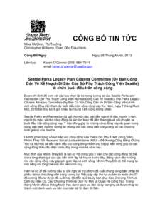 CÔNG BỐ TIN TỨC  Mike McGinn, Thị Trưởng Christopher Williams, Giám Đốc Điều Hành Công Bố Ngay Liên lạc: