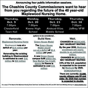 Announcing four public information sessions.  The Cheshire County Commissioners want to hear from you regarding the future of the 40 year-old Maplewood Nursing Home. Thursday,