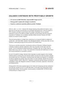 PRESS RELEASE // FINANCIAL  ZALANDO CONTINUES WI TH PROFITABLE GROWTH   Q1 revenues at EUR 796 million, adjusted EBIT margin of 2.5%