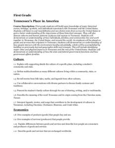 First Grade Tennessee’s Place in America Course Description: First grade students will build upon knowledge of major historical events, holidays, symbols, and individuals associated with Tennessee and the United States