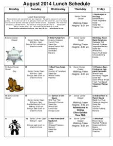 August 2014 Lunch Schedule Monday Tuesday  Wednesday