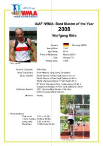 IAAF-/WMA /WMA- Best Master of the Year 2008 Wolfgang Ritte Country