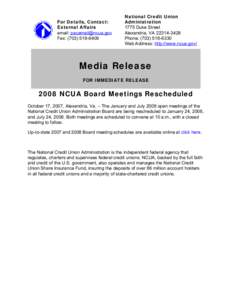 Media Release[removed]NCUA Board Meetings Rescheduled