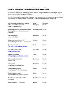 Arts in Education - Grants for Fiscal Year 2009 In Fiscal Year[removed]July 30, 2008 through June 30, 2009) we have provided $634,150 in funding to support arts in education efforts throughout Washington. ArtsWA Community 