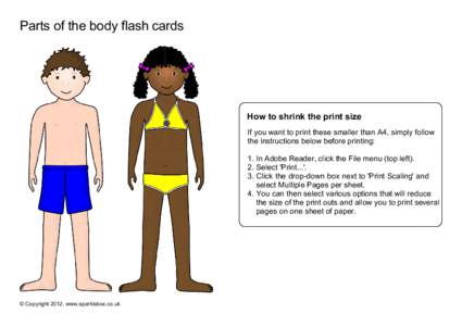Parts of the body flash cards  How to shrink the print size If you want to print these smaller than A4, simply follow the instructions below before printing: 1. In Adobe Reader, click the File menu (top left).