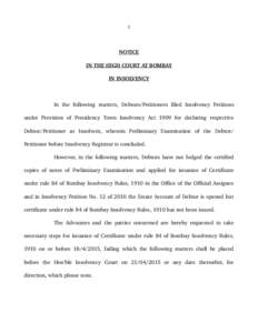 1  NOTICE IN THE HIGH COURT AT BOMBAY IN INSOLVENCY