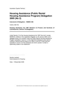 Australian Capital Territory  Housing Assistance (Public Rental Housing Assistance Program) Delegation[removed]No 2) Instrument of Delegation – NI2005–494