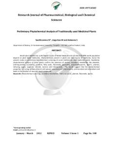 ISSN: Research Journal of Pharmaceutical, Biological and Chemical Sciences  Preliminary Phytochemical Analysis of Traditionally used Medicinal Plants