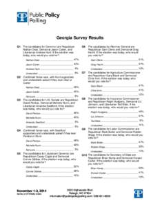 Georgia Survey Results Q1 The candidates for Governor are Republican Nathan Deal, Democrat Jason Carter, and Libertarian Andrew Hunt. If the election was