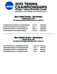 Men’s Singles Results – Quarterfinals Saturday, May 25, 2013 Khan Outdoor Tennis Complex at Atkins Tennis Center // Urbana, Ill.  #11 Sebastian Fanselow (9-16), Pepperdine def. #19 Andreas Mies, Auburn