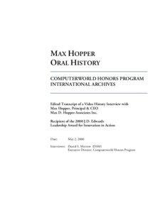 MAX HOPPER ORAL HISTORY COMPUTERWORLD HONORS PROGRAM