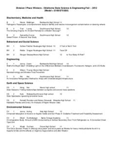 Division I Place Winners - Oklahoma State Science & Engineering Fair – 2012 (Medal + $100/$75/$50) Biochemistry, Medicine and Health B 1 Nicole Biddinger