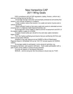 New Hampshire CAP 2011 Wing Goals 100% compliance with all CAP regulations (safety, finance, uniform etc.) and zero findings during the May CI. Encourage through instruction and example professional airmanship that resul