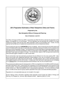 2012 Population Estimates of New Hampshire Cities and Towns Prepared by the New Hampshire Office of Energy and Planning