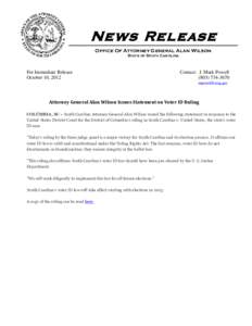 News Release Office Of Attorney General Alan Wilson State of South Carolina For Immediate Release October 10, 2012