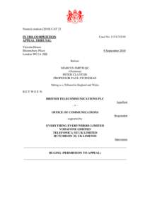 British Telecommunications Plc (Termination Charges: 080 calls) - Ruling (Permission to appeal) | 9 Sep 2010