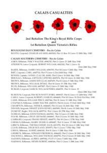 CALAIS CASUALTIES  2nd Battalion The King’s Royal Rifle Corps and 1st Battalion Queen Victoria’s Rifles BOULOGNE EAST CEMETERY - Pas de Calais