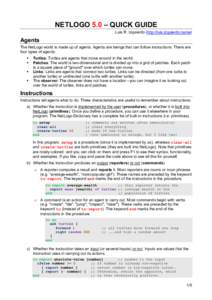 NETLOGO 5.0 – QUICK GUIDE Luis R. Izquierdo (http://luis.izquierdo.name) Agents The NetLogo world is made up of agents. Agents are beings that can follow instructions. There are four types of agents: