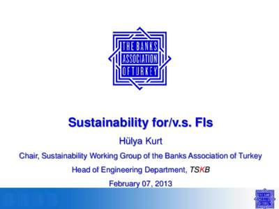 Sustainability for/v.s. FIs Hülya Kurt Chair, Sustainability Working Group of the Banks Association of Turkey Head of Engineering Department, TSKB February 07, 2013