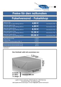 Preise für den nationalen Paketversand - Paketshop Paket bis 3 Kg Gurtmaß: 300 cm, Maximallänge 200 cm Paket ab 3 Kg bis 10 Kg Gurtmaß: 300 cm, Maximallänge 200 cm