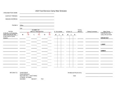 UGA Food Services Camp Meal Schedule ORGANIZATION NAME: CONTACT PERSON: MAILING ADDRESS:  PHONE #