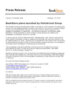Press Release Frankfurt 19 October 2005 Embargo: BookStore plans launched by Holtzbrinck Group