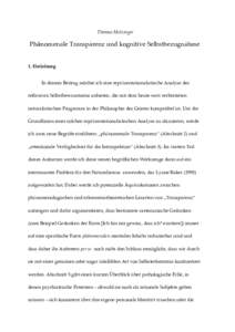 Thomas Metzinger  Phänomenale Transparenz und kognitive Selbstbezugnahme 1. Einleitung