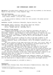 CAMP INFORMATIQUE: SOKODE 2009 Objective: Introduce basic computer skills to the top students in the Central Region of Togo during a 3-day computer camp. Cost and Financing: Project Tota: 2,448,550 fcfa ($5210∗) Total 