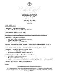 STATE OF TENNESSEE DEPARTMENT OF COMMERCE AND INSURANCE 500 JAMES ROBERTSON PARKWAY TENNESSEE AUCTIONEER COMMISSION NASHVILLE, TENNESSEE[removed][removed]FAX[removed]