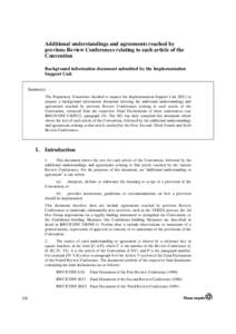 Additional understandings and agreements reached by previous Review Conferences relating to each article of the Convention Background information document submitted by the Implementation Support Unit Summary