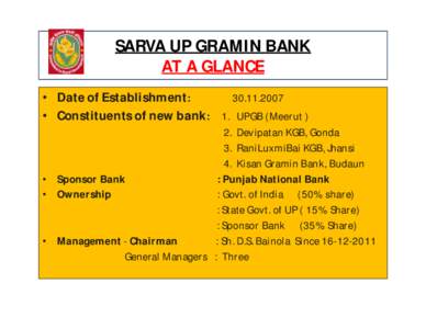 SARVA UP GRAMIN BANK AT A GLANCE • Date of Establishment: [removed] • Constituents of new bank: 1. UPGB (Meerut )