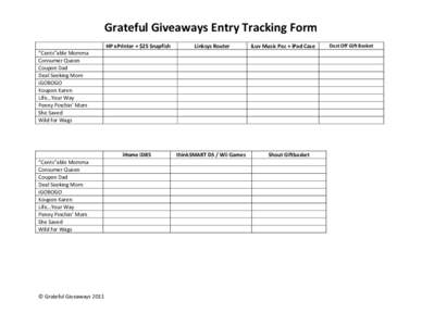 Grateful Giveaways Entry Tracking Form HP ePrinter + $25 Snapfish Linksys Router  iHome iD85