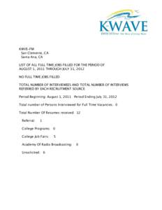 KWVE-FM San Clemente, CA Santa Ana, CA LIST OF ALL FULL TIME JOBS FILLED FOR THE PERIOD OF AUGUST 1, 2011 THROUGH JULY 31, 2012 NO FULL TIME JOBS FILLED