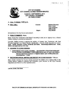 Item No.: G-5  CITY OF CORNING CITY COUNCIL CLOSED SESSION MINUTES TUESDAY, SEPTEMBER 9,2014 CITY COUNCIL CHAMBERS