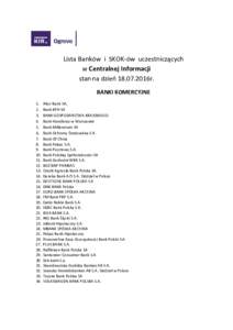 Lista Banków i SKOK-ów uczestniczących w Centralnej Informacji stan na dzień 18.07.2016r. BANKI KOMERCYJNE 1. 2.