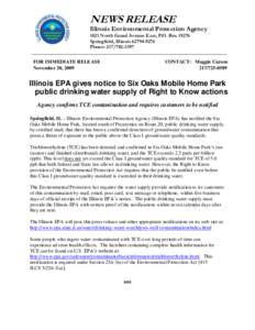 NEWS RELEASE  Illinois Environmental Protection Agency 1021 North Grand Avenue East, P.O. Box[removed]Springfield, Illinois[removed]Phone: [removed]