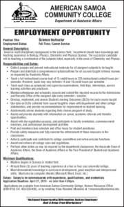 AMERICAN SAMOA COMMUNITY COLLEGE Department of Academic Affairs EMPLOYMENT OPPORTUNITY Position Title: