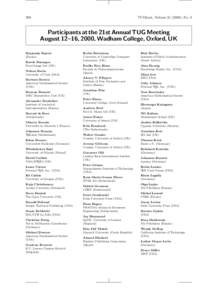 308  TUGboat, Volume[removed]), No. 3 Participants at the 21st Annual TUG Meeting August 12–16, 2000, Wadham College, Oxford, UK