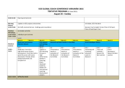 ICCE GLOBAL COACH CONFERENCE VIERUMÄKI 2015 TENTATIVE PROGRAM (15 JuneAugust 23 – Sunday 10:00-10:30  Opening and welcome