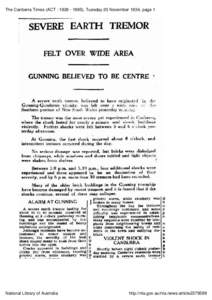 The Canberra Times (ACT : [removed]), Tuesday 20 November 1934, page 1  TREMOR EARTH