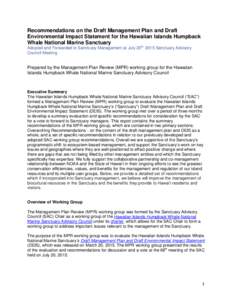 Recommendations on the Draft Management Plan and Draft Environmental Impact Statement for the Hawaiian Islands Humpback Whale National Marine Sanctuary Adopted and Forwarded to Sanctuary Management at July 20th, 2015 San