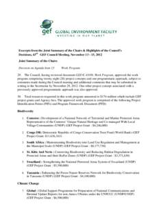 Excerpts from the Joint Summary of the Chairs & Highlights of the Council’s Decisions, 43rd GEF Council Meeting, November[removed], 2012 Joint Summary of the Chairs Decision on Agenda Item 13  Work Program