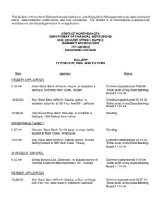 This Bulletin informs North Dakota financial institutions and the public of filed applications by state-chartered banks, state-chartered credit unions, and trust companies, and lists state-chartered banks’ ATM installa